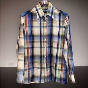 VTG Damon Cream, Blue & Red Plaid Casual Shirt-L-EUC